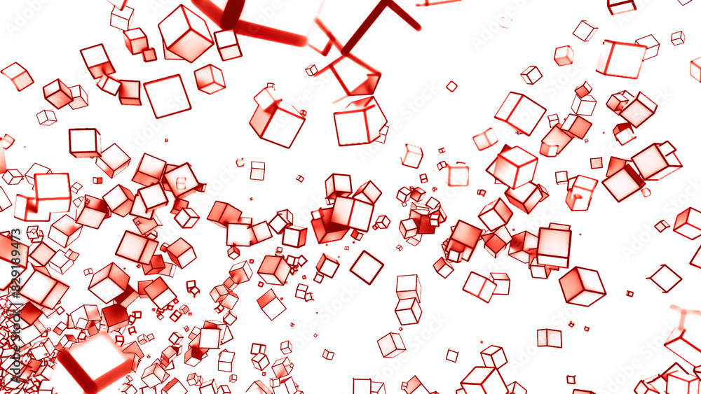 Poster abstract spreading stream of 3d cubes. motion. silhouettes of small flying and rotating cubes.