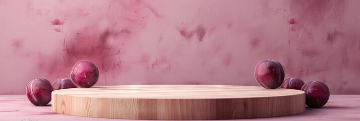 Minimal wooden pedestal for product presentation in pastel background,  plums fruit around