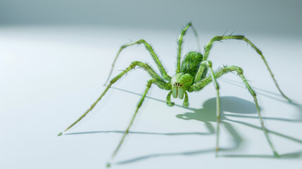 A vibrant green spider positioned on a smooth light background, showcasing its detailed anatomy and striking color.