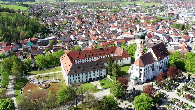 Aerial view of the historic old town of Marktoberdorf with a view of the castle and the parish church of St Martin. Marktoberdorf, Ostallgaeu, Swabia, Bavaria, Germany, Europe