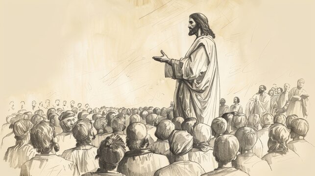 Beatitudes Taught by Jesus on Mount, Large Crowd Listening, Biblical Illustration, Beige Background, Copyspace