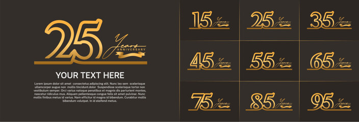 anniversary logotype set vector, golden line color for special day celebration