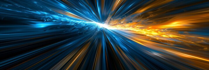 Dazzling blue and yellow light rays converge in a dynamic composition, perfect for adding flair to digital designs. Abstract and captivating, it exudes drama and movement.