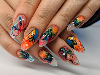 Colorful Underwater-Themed Manicure with Marine Inspired Nail Art