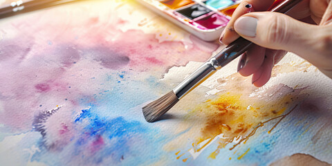 Fototapeta premium An artist meticulously paints watercolor strokes onto a blank canvas, her brush dancing across the surface