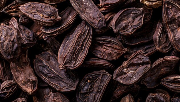 High quality spices create a visually appealing macro image of a heap of tonka beans showcasing their large size intricate shape and rich brown color
