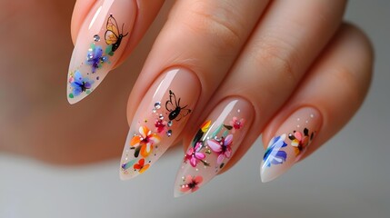 Delicate Spring-Themed Nails with Pastel Butterflies on White Background