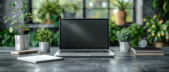 A laptop sits on a desk with a potted plant and a book