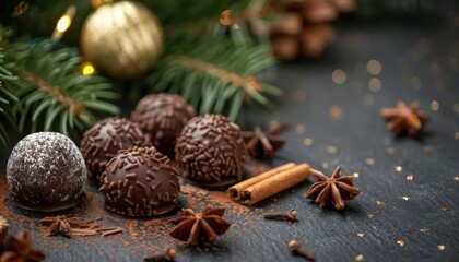 Homemade chocolate truffles decorated with winter spices and Christmas tree design on a dark background