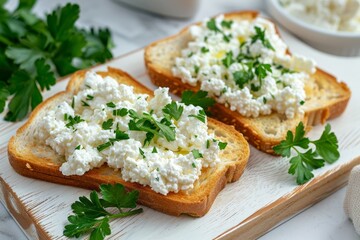 Homemade toast with Cottage Cheese and parsley on wooden board