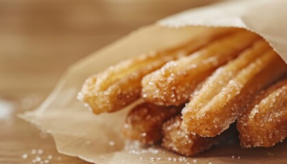 Hot churros with sugar and cinnamon closeup in paper bag