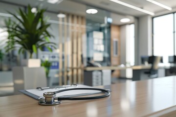Doctor office desk panoramic, workplace of physician therapist with stethoscope in focus closeup