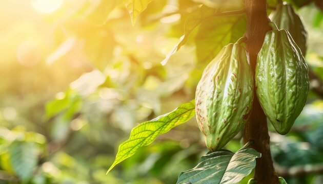 Immature cocoa fruit on tree