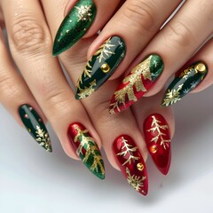 Festive Holiday Nail Art with Christmas Trees and Snowflakes