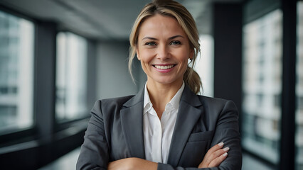 happy smiling business woman wearing professional clothing and standing with crossed arms
