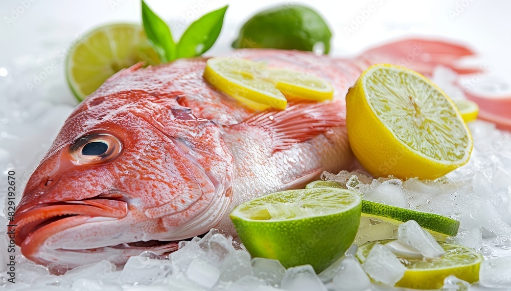 Sticker isolated raw fish with lemon and lime on white background