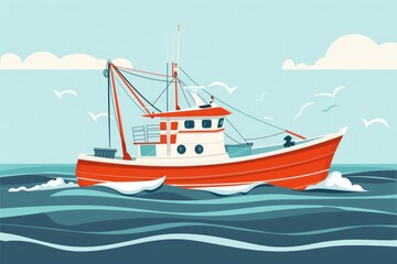 Fototapeta premium Red fishing boat in the ocean with seagulls flying serene travel seascape with maritime vibes and seaside beauty