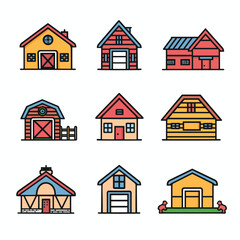 Nine colorful cartoon houses, flat line vector illustration set isolated white background. Different styles homes feature barn, cottage, traditional house designs various roofs, windows, doors