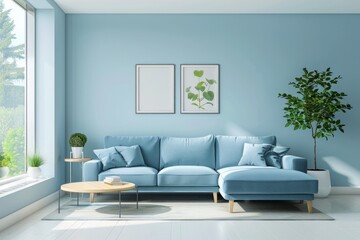 Living room with blue sofa and light blue wall has a simple decor