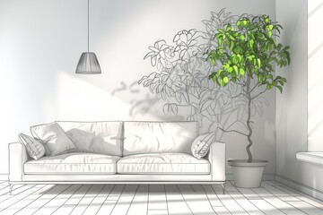 Living room with sofa lamp and green plant