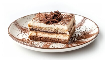 Isolated tiramisu cake on white plate