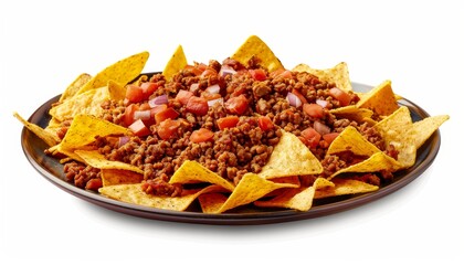 Isolated white background photo of nachos with meat and cheese