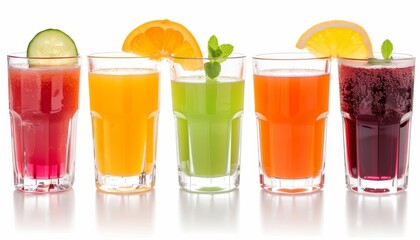 Isolated white glasses with detoxifying organic fruit and vegetable juices