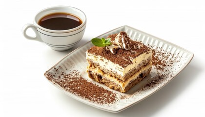 Italian Tiramisu dessert on a plate with espresso cup isolated on white background with clipping path