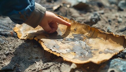 Kids pirate map leads to family treasure hunt with outdoor games and a quest where the child s hand reveals the treasure s location