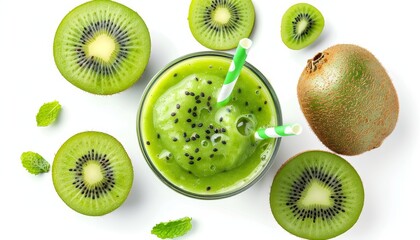 Fototapeta premium Kiwi smoothie with straw isolated on white background seen from above
