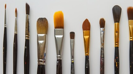 Fototapeta premium A row of small painting brushes isolated on a white background.