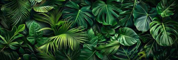 Immerse in the vibrant beauty of a lush tropical green leaves background, showcasing rich botanical diversity and captivating shades of green in a dense, stunning tropical forest setting.