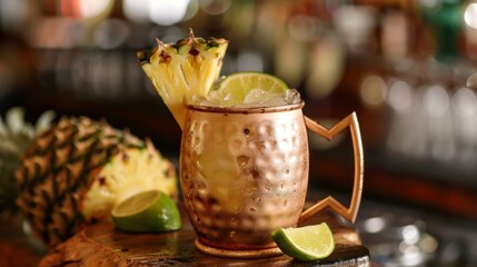 A tropical twist on a classic Moscow Mule made with ginger beer lime juice and a splash of fresh pineapple juice garnished with a pineapple wedge.