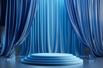 Luxurious 3D stage with blue background and spotlight fabric curtain