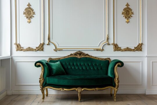 Luxurious living room with emerald green sofa and gold accents on white walls