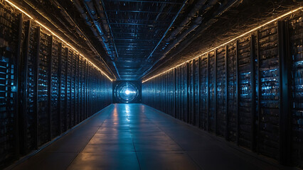 Futuristic Neon-Lit Tunnel Interior With Blue and Orange Lights at Night