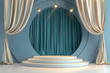 Luxury podium with blue background fabric curtain and spotlight