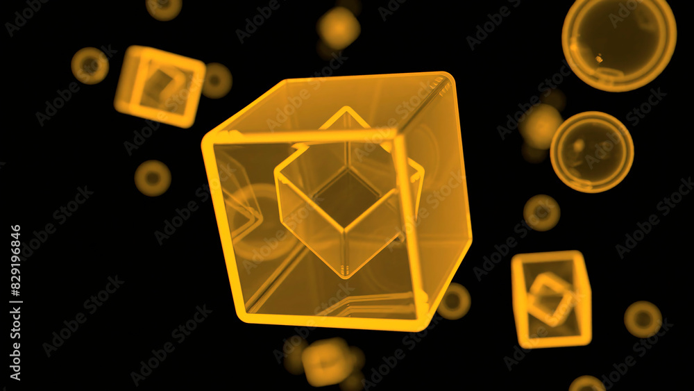 Poster 3d cubes rotating in virtual space. design. transparent cubes and round bubbles.