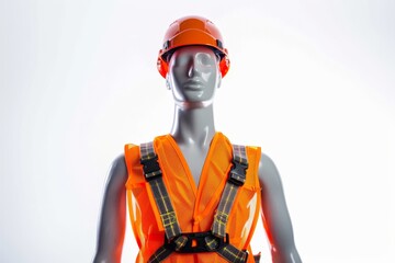 Mannequin wearing safety harness on white background