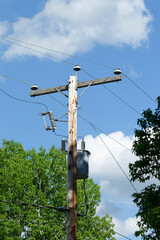 Wood utility pole with transformer