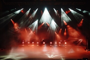 Many spotlights illuminating fog covered concert stage