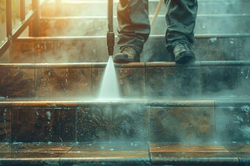 Men using high pressure cleaner to clean ceramic stairs and home entrance