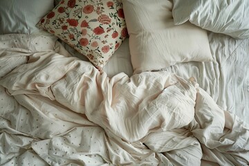 Messy unmade bed with rumpled sheets and pillow from sleep