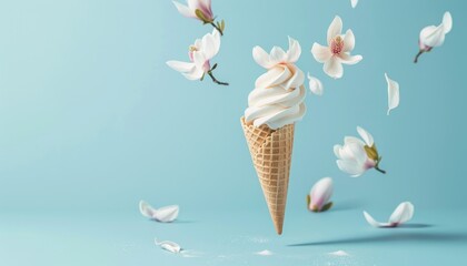 Minimal spring or summer concept modern fun gifts with floating flowers in a pastel blue background
