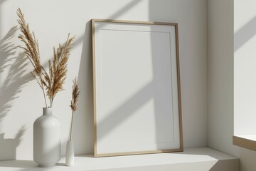 Minimalist frame mockup poster on table against white wall in modern interior background 50x70 20x28 20RP