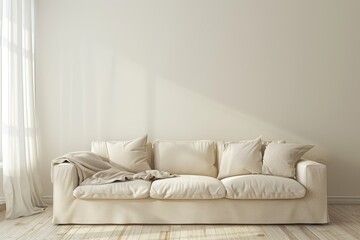 Minimalistic room with cozy beige couch room for text