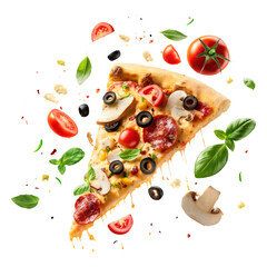 Flying pizza slice with ingredients isolated on transparent white background, clipping path
