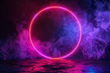 Modern futuristic sci fi with neon geometric circles on dark backdrop creating a mystical portal