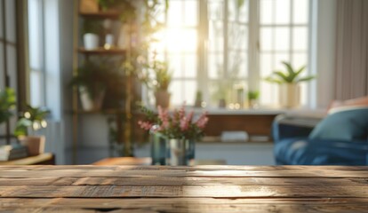 Modern home interior with wood table blurred living room background Tabletop desk mockup for product display layout