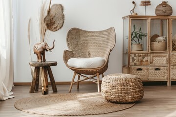 Modern home decor with stylish living room featuring rattan armchair wooden stool and elephant figure Template available for copy space